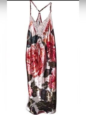 Floral Satin Lace-Trim Chemise Slip in Pink Multi
